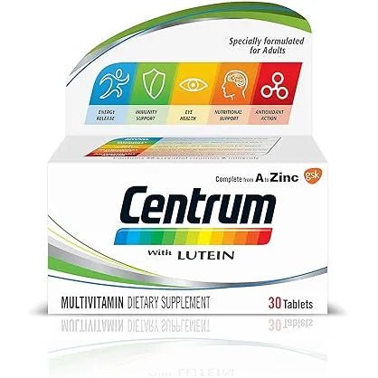 Centrum With Lutein, A To Zinc Supplements For Adults With Vitamin B, C, D, Minerals, Nutrients And Trace Elements, 30 Tablets